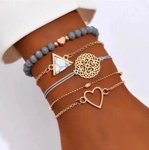 4 Piece Gray Beaded Bracelet Set